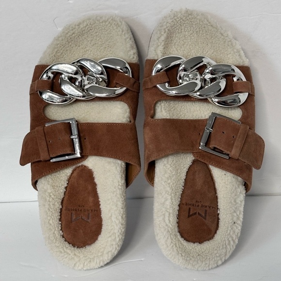 Marc Fisher LTD Flats Slip On Brown Suede Sherpa Sandals Silver Chain Slides 5 - Picture 4 of 12